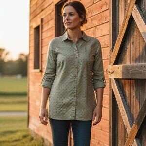 Duluth Trading Co. Women's Small Dark Sage Green Printed Artisan Hemp Shirt